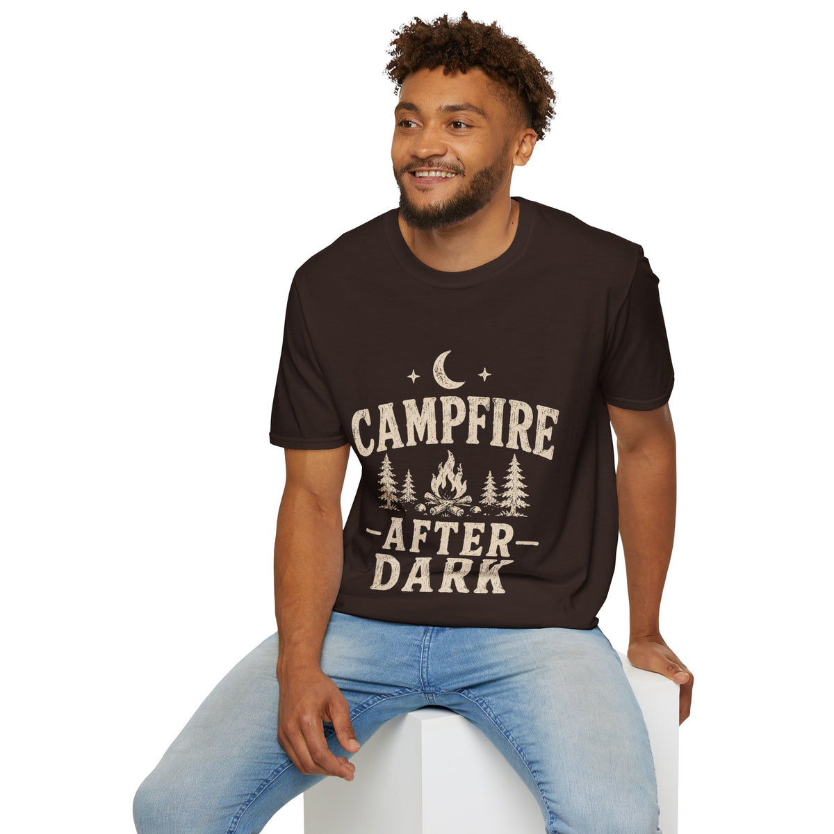 Campfire After Dark T-Shirt — Cozy Camping Moon & Trees Graphic