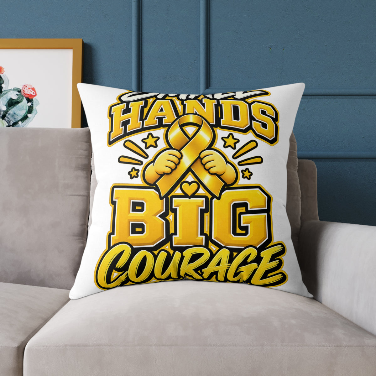 Square Pillow — "Small Hands Big Courage" Gold Ribbon Awareness Throw Pillow