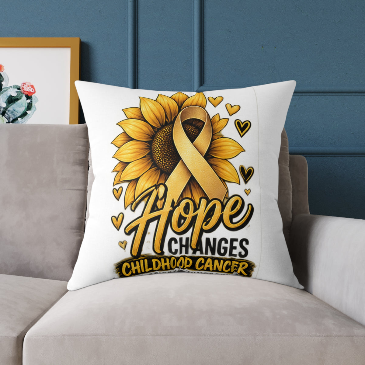 Childhood Cancer Awareness Pillow — 'Hope Changes' Sunflower Ribbon Square Throw Pillow
