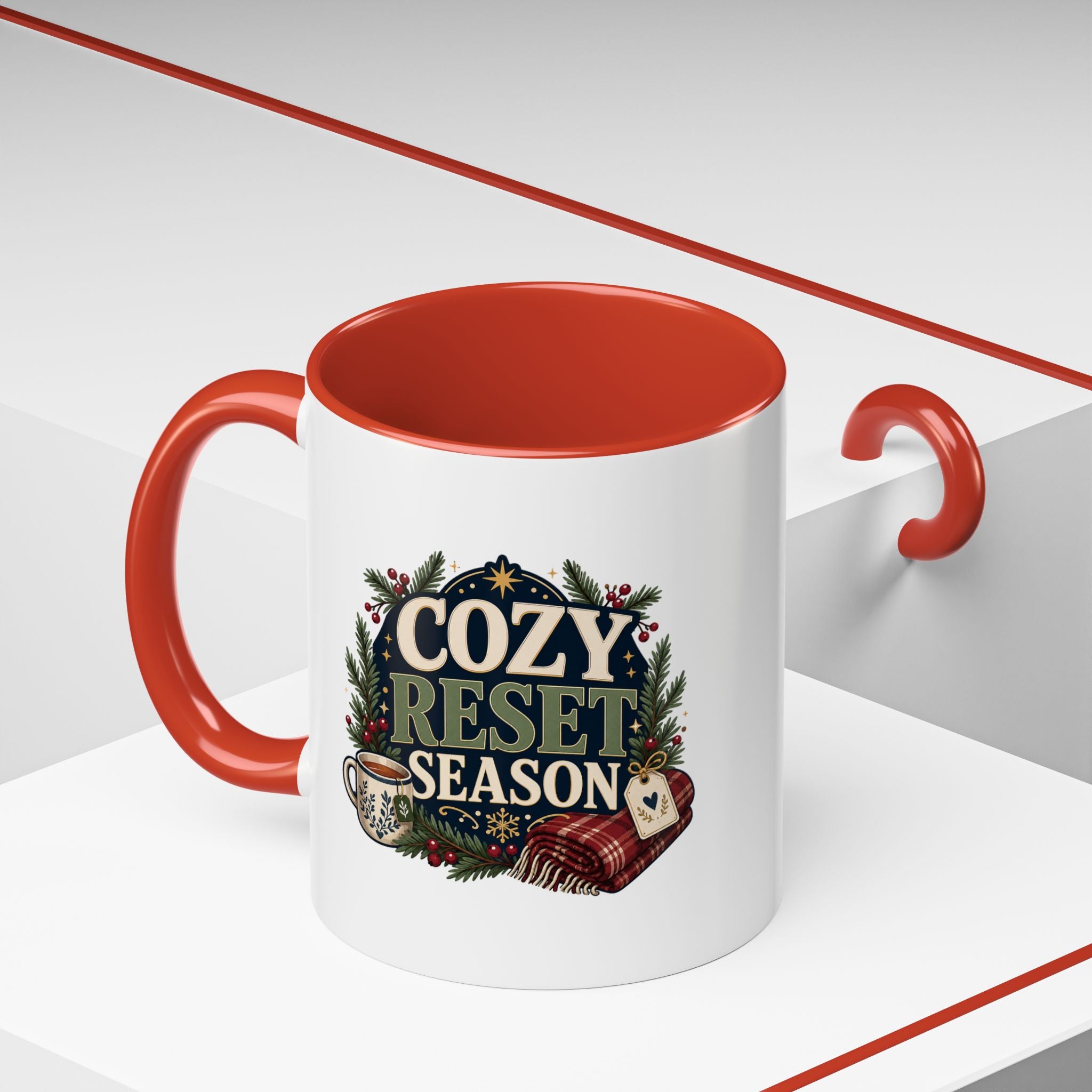 Modern Day Christmas Cozy Reset Season Mug — Holiday Coffee Cup with Blanket & Tea Tag Design