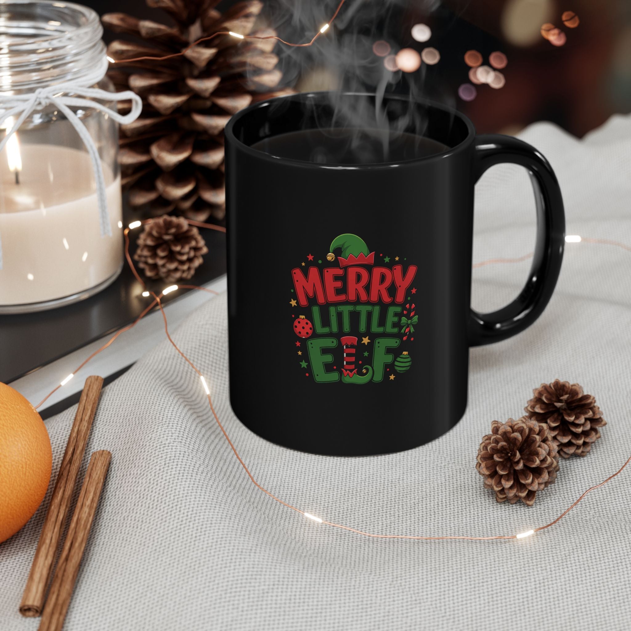 Merry Little Elf Black Mug — Cute Christmas Holiday Coffee Cup