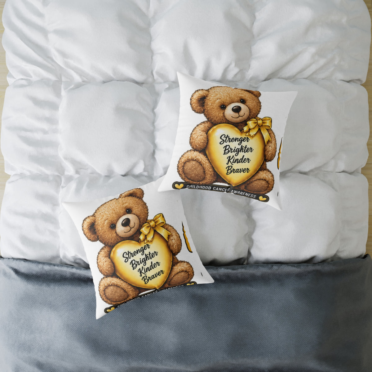 Childhood Cancer Teddy Bear Heart Pillow — "Stronger Brighter Kinder Braver" Decorative Throw Pillow