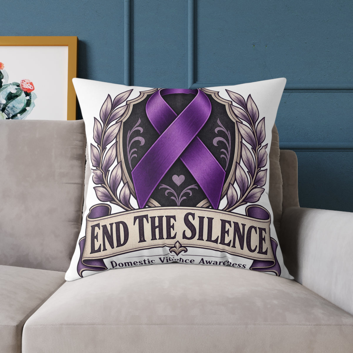 End the Silence Purple Ribbon Square Pillow - Domestic Violence Awareness Throw Pillow
