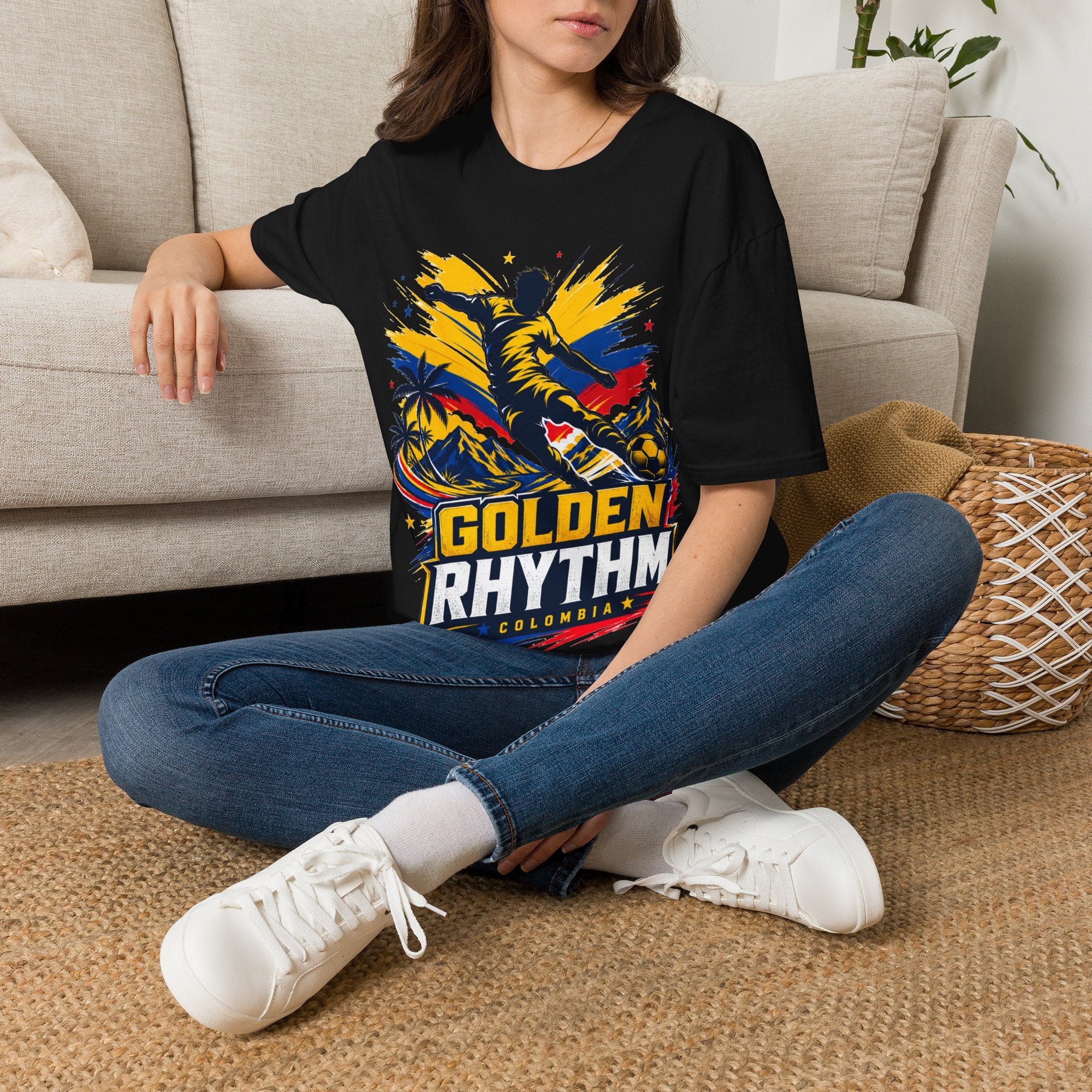 Columbia Soccer Player Graphic T-Shirt — "Golden Rhythm" Vibrant Beach Soccer Tee