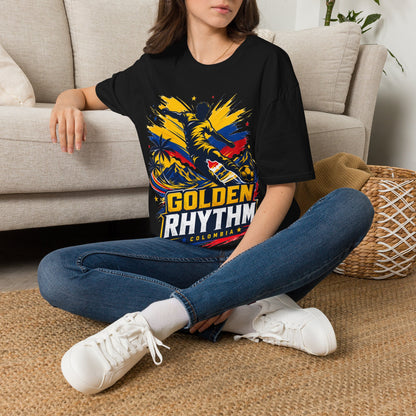Columbia Soccer Player Graphic T-Shirt — "Golden Rhythm" Vibrant Beach Soccer Tee