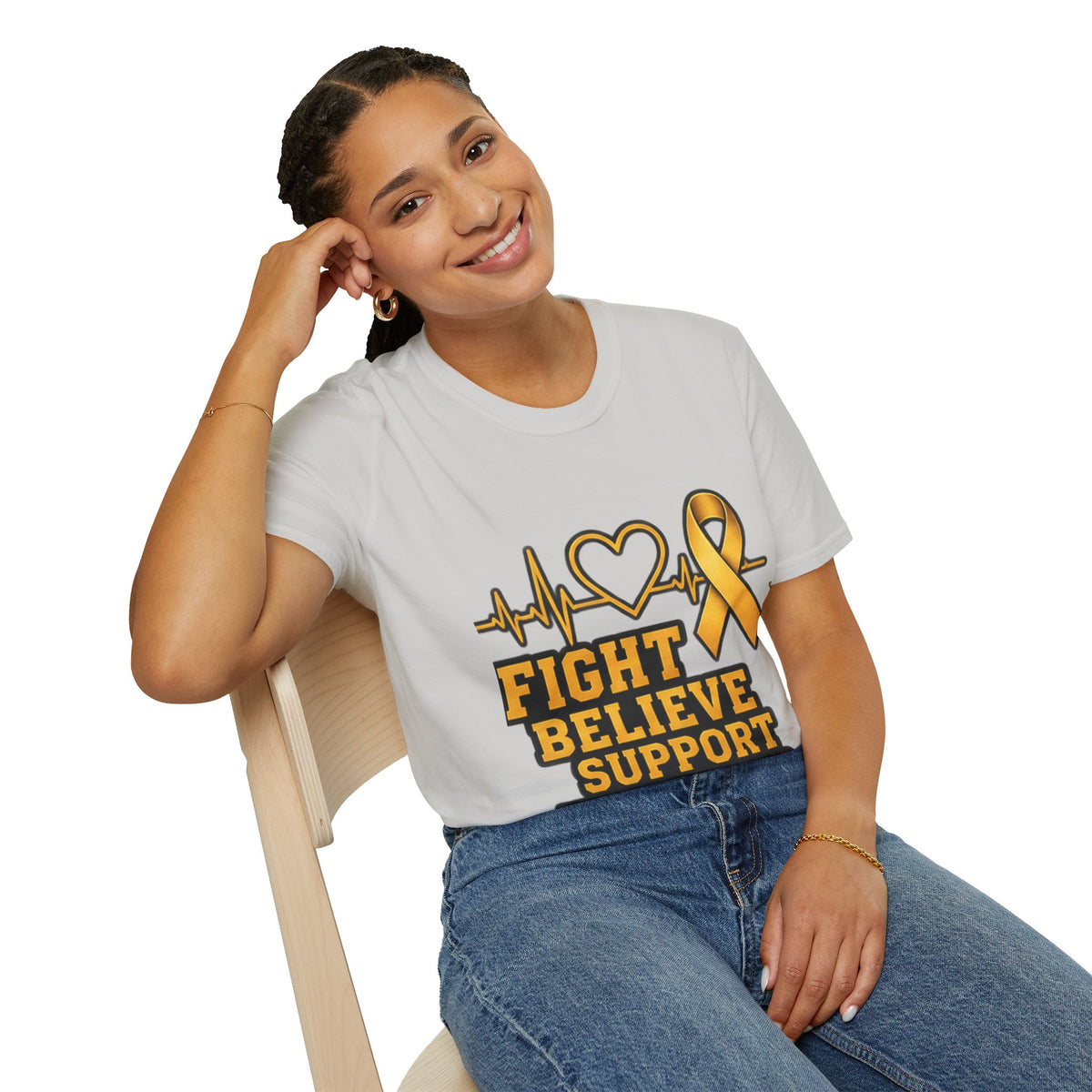 Childhood Cancer Awareness T-Shirt – "Fight Believe Support Never Give Up" Gold Ribbon Tee