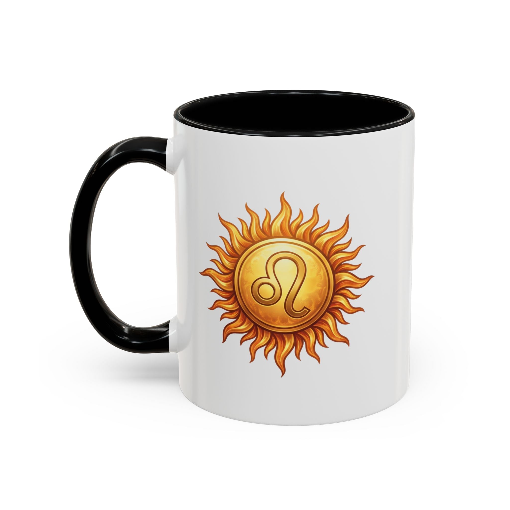 Leo Zodiac Sun Coffee Mug — Astrology Gift, Bold Sun & Leo Symbol Accent Mug