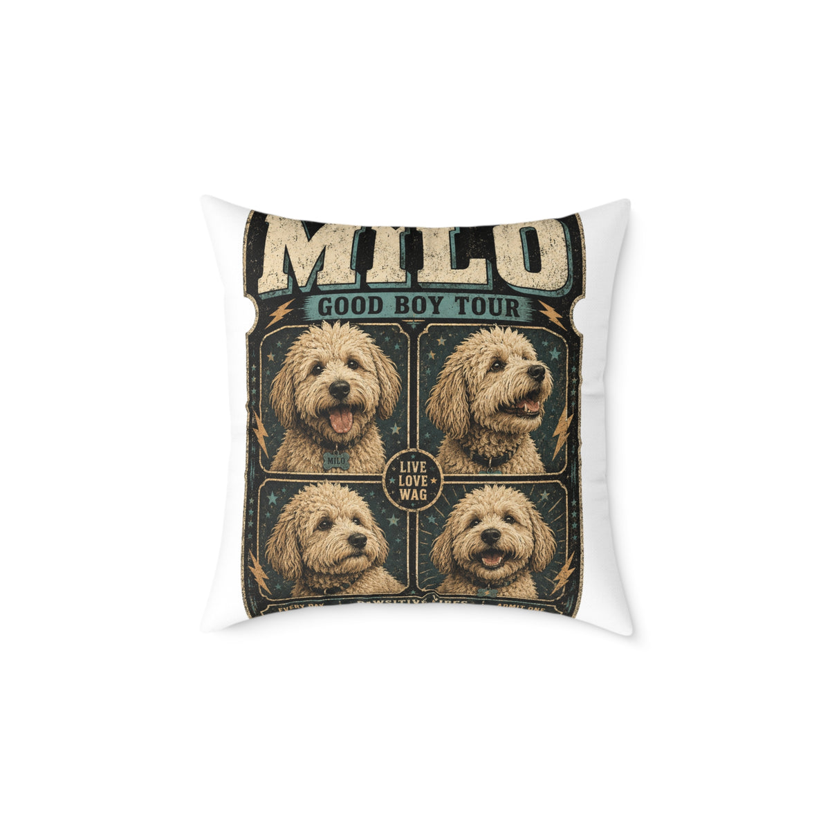 Milo "Good Boy Tour" Dog Photo Square Pillow  Milo Bailey Dog Dad Mom — Cute Pet Portrait Throw Pillow