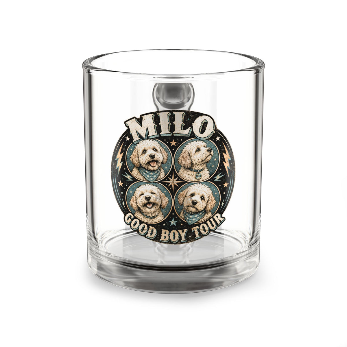 Milo 'Good Boy Tour' 10oz Glass Mug – Personalized Dog Band Tour Artwork