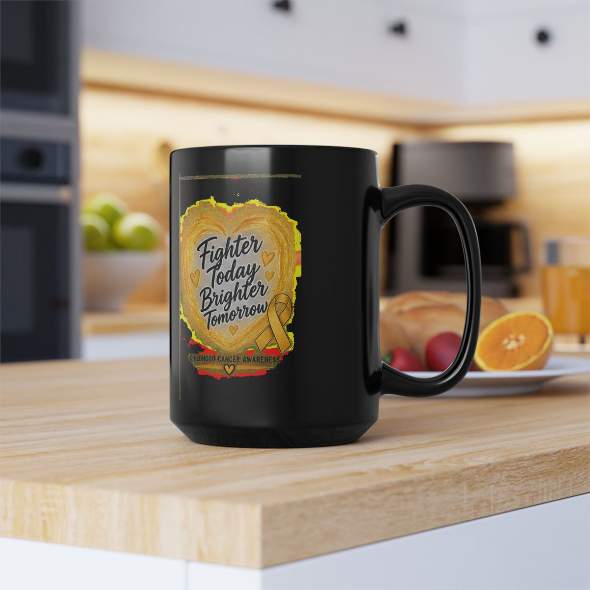 Childhood Cancer Awareness Ribbon Mug — “Fighter Today, Brighter Tomorrow” Black Coffee Mug