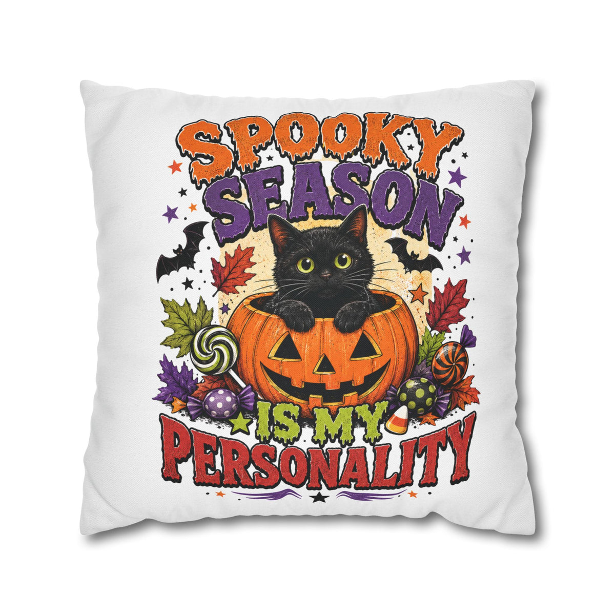 Halloween Pillowcase — "Spooky Season Is My Personality" Black Cat & Pumpkin Decorative Pillow Cover