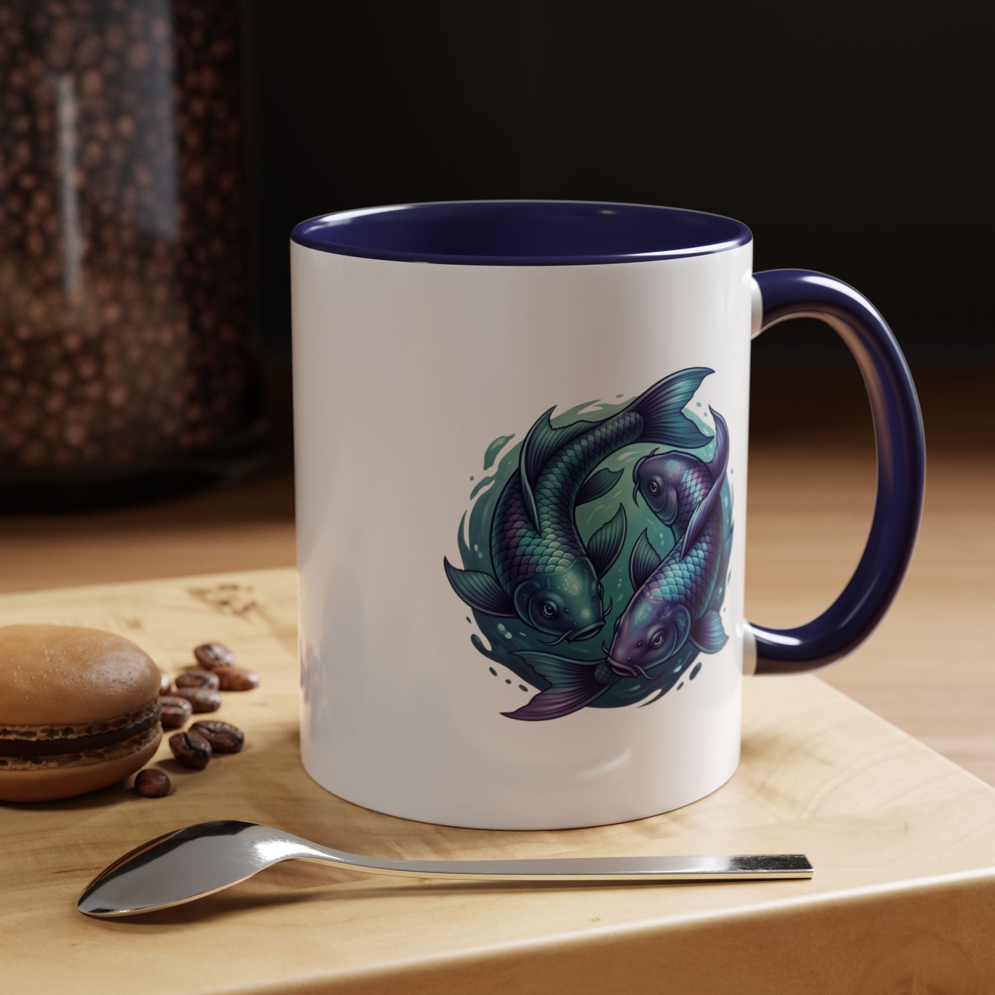 Koi Fish Accent Coffee Mug — Blue Pisces Ceramic Mug