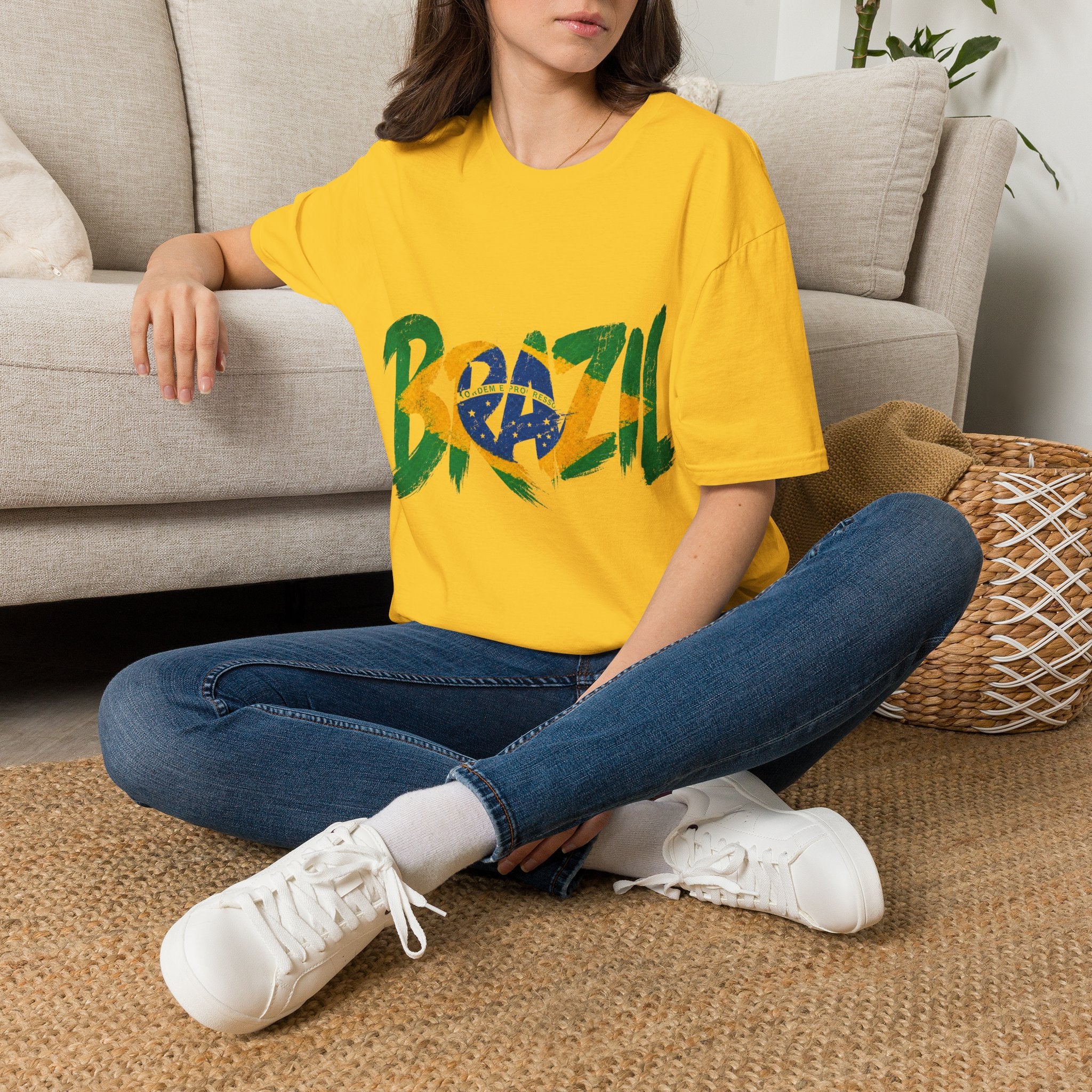 Brazil Flag Graphic T-Shirt — Bold Brazil Script with National Flag Motif