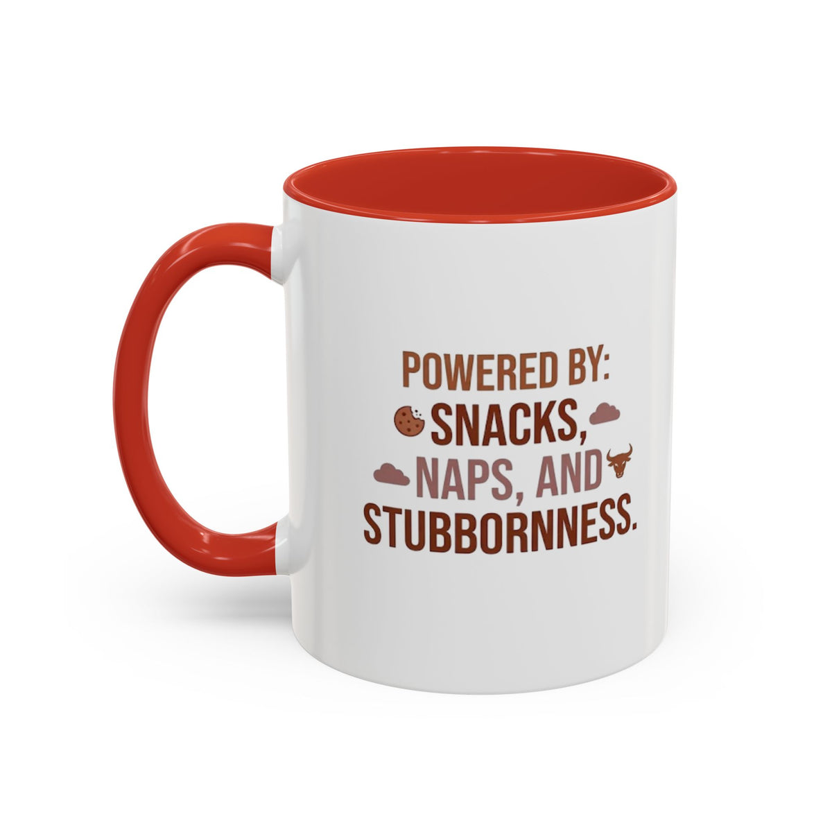 Taurus Coffee Mug - "Powered by Snacks, Naps, and Stubbornness" Accent Ceramic Mug