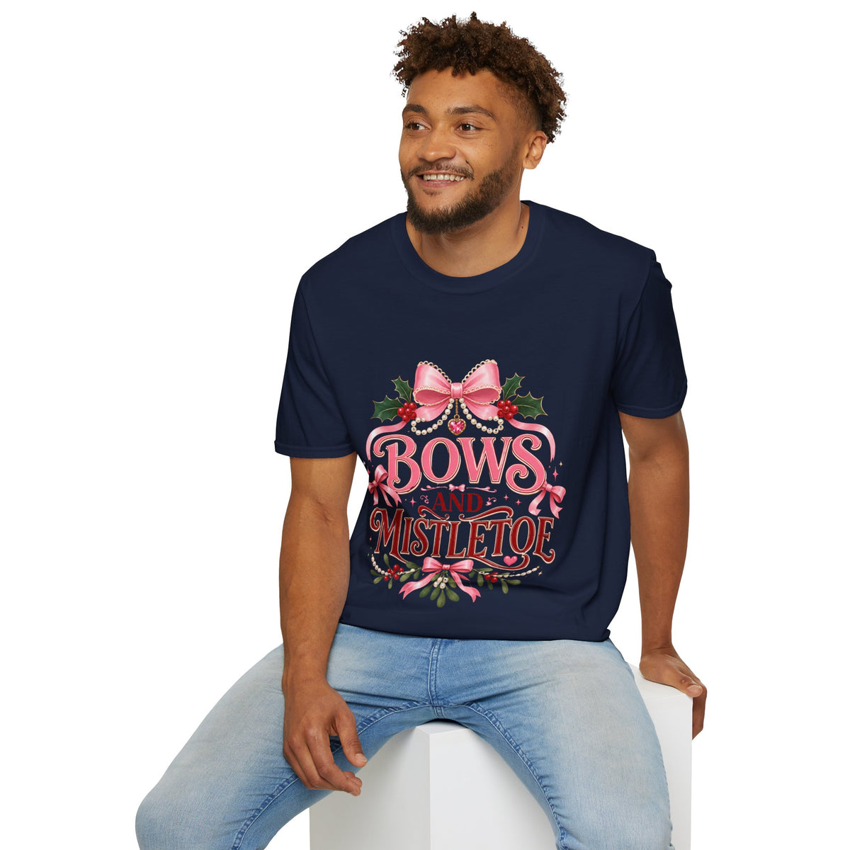 Bows and Mistletoe T-Shirt — Pink Holiday Bow Christmas Tee