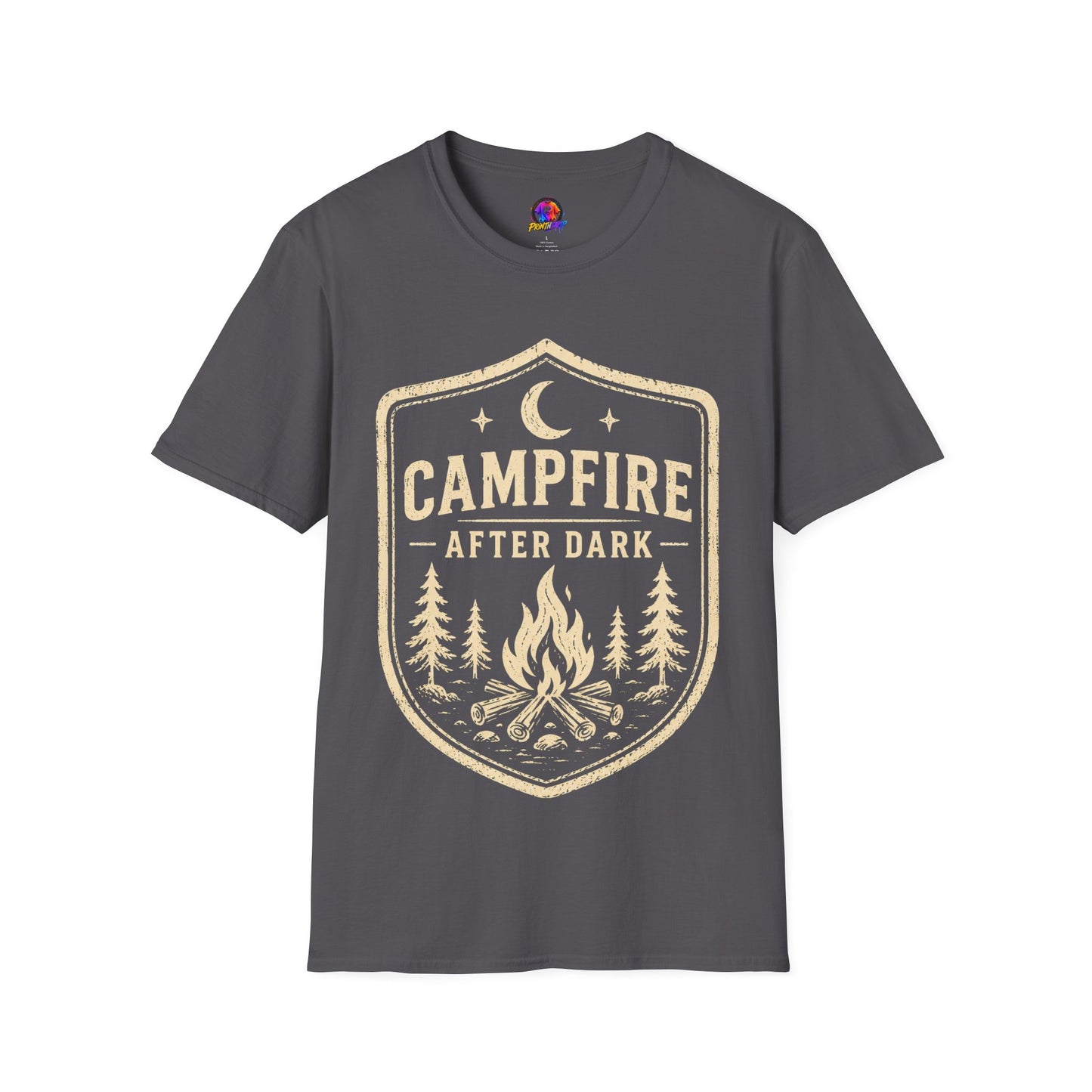 Campfire After Dark T-Shirt — Retro Camping Badge Tee for Outdoor Lovers
