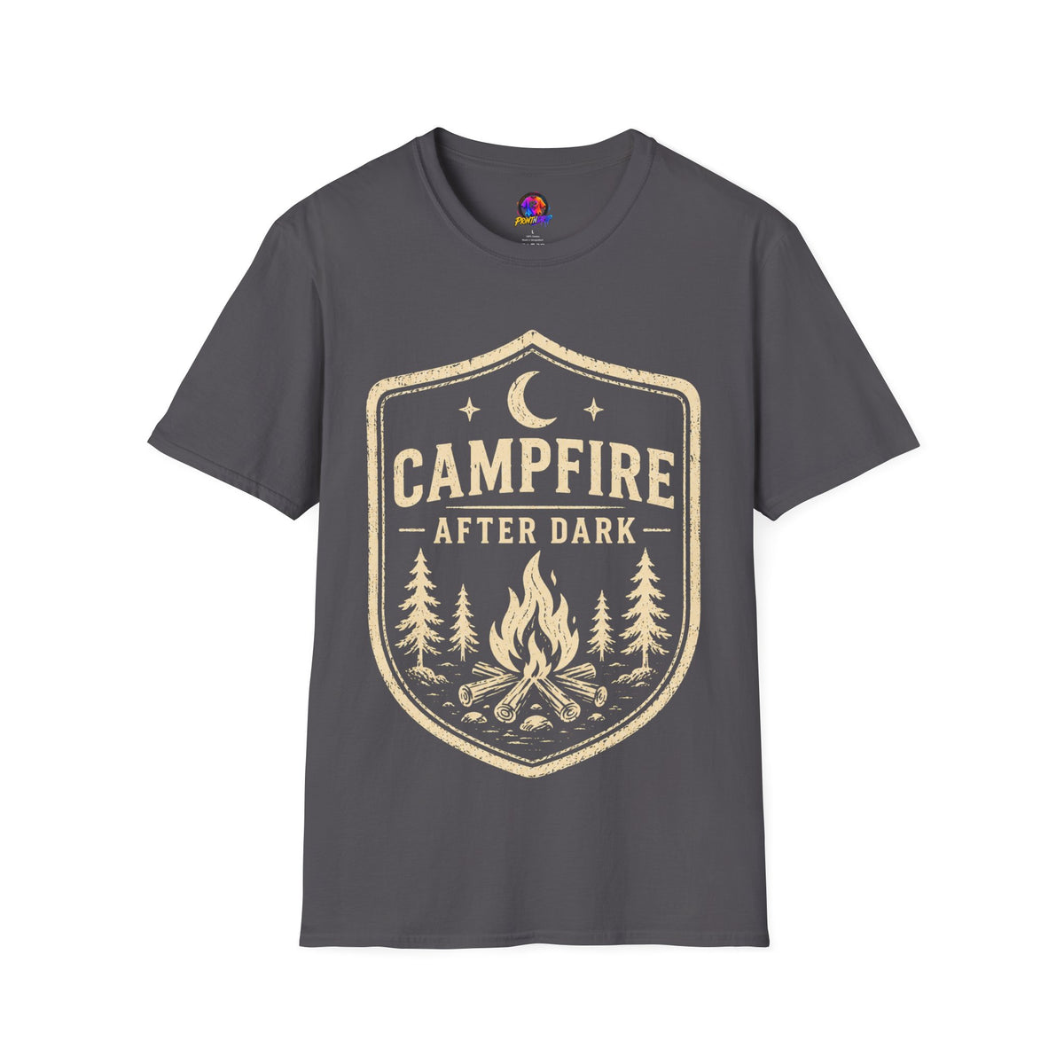 Campfire After Dark T-Shirt — Retro Camping Badge Tee for Outdoor Lovers