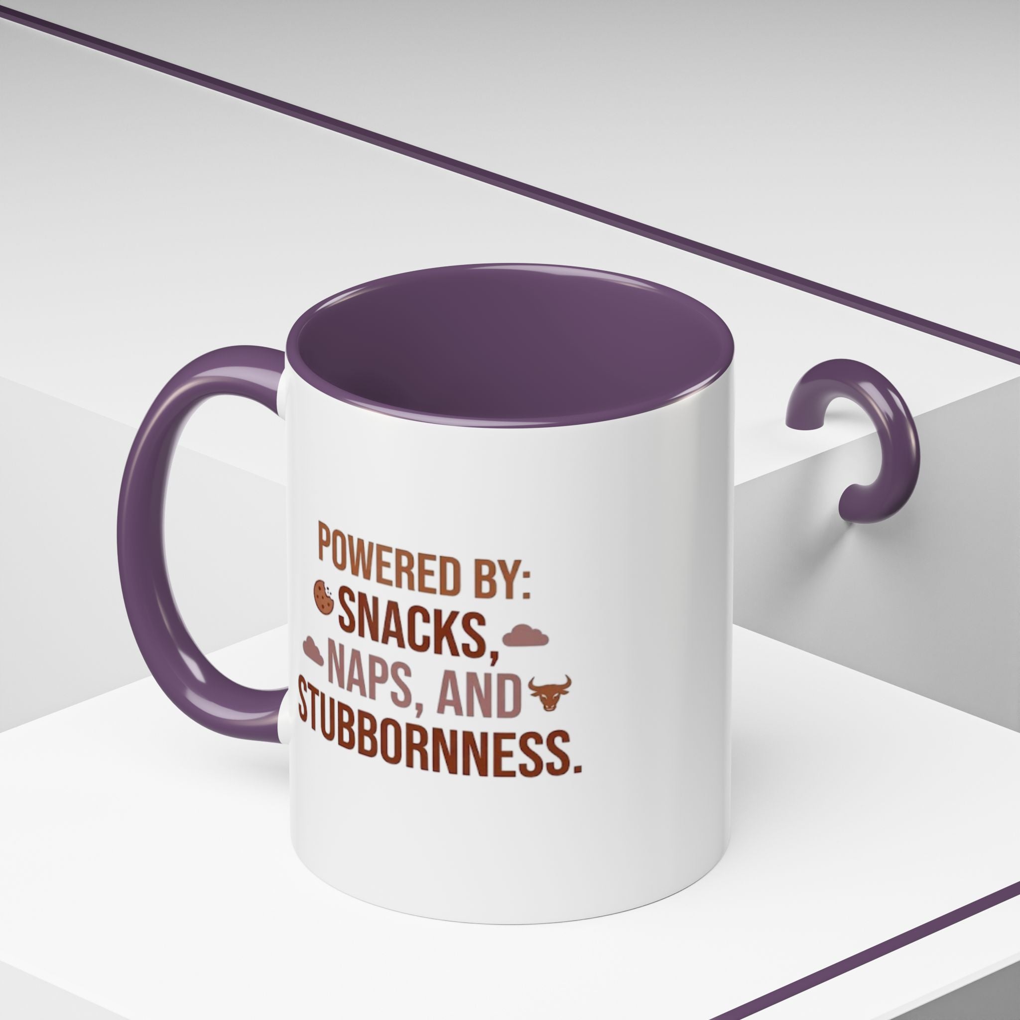 Coffee Mug — "Powered by: Snacks, Naps, and Stubbornness" Ceramic Accent Mug