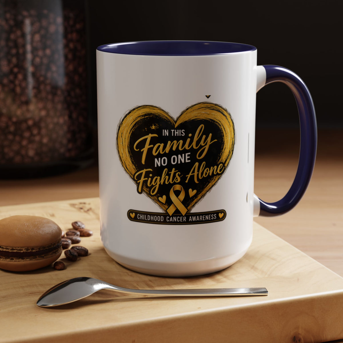Childhood Cancer Awareness Accent Coffee Mug — "In This Family No One Fights Alone"