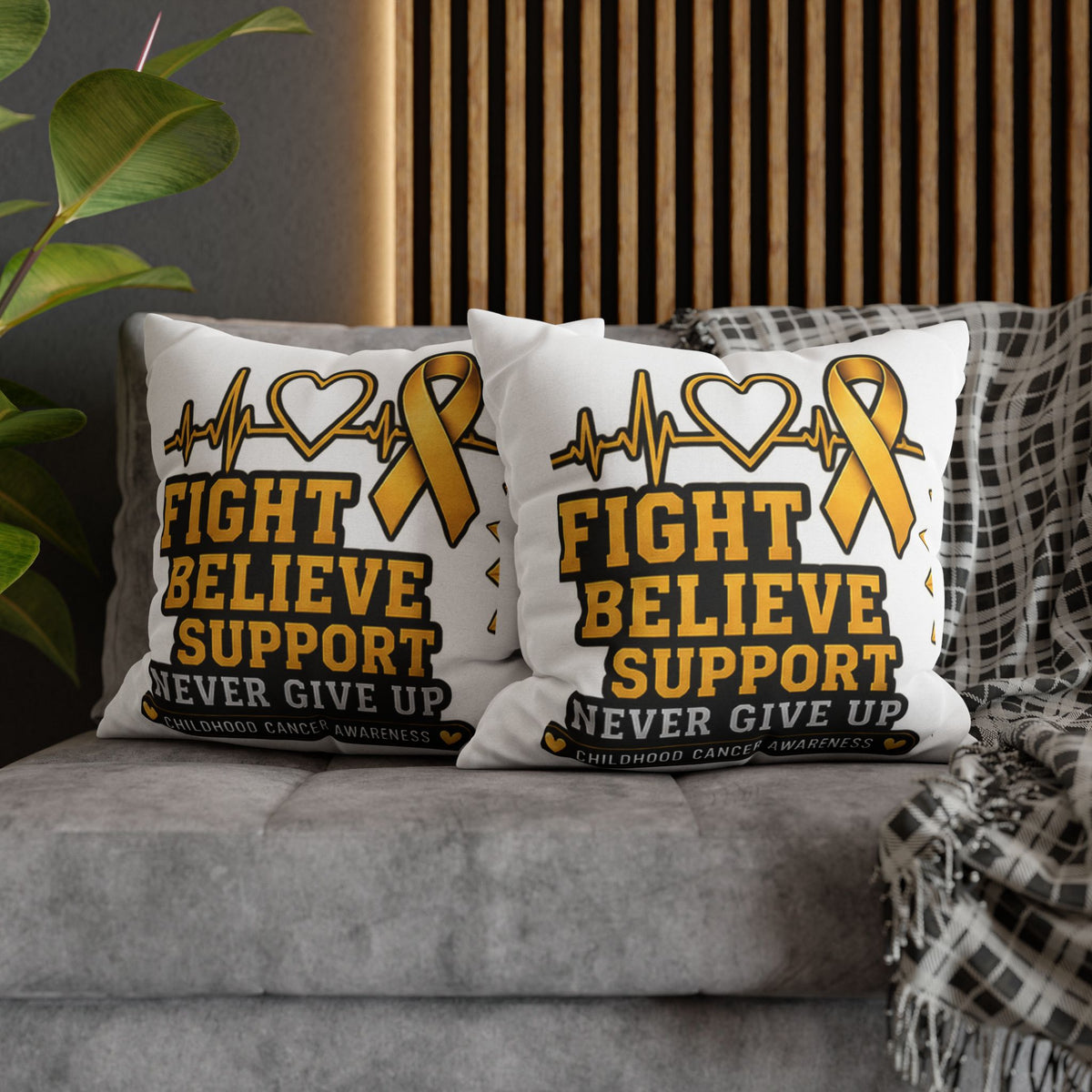 Childhood Cancer Awareness Pillow — "Fight Believe Support Never Give Up" Gold Ribbon Decorative Throw Pillow