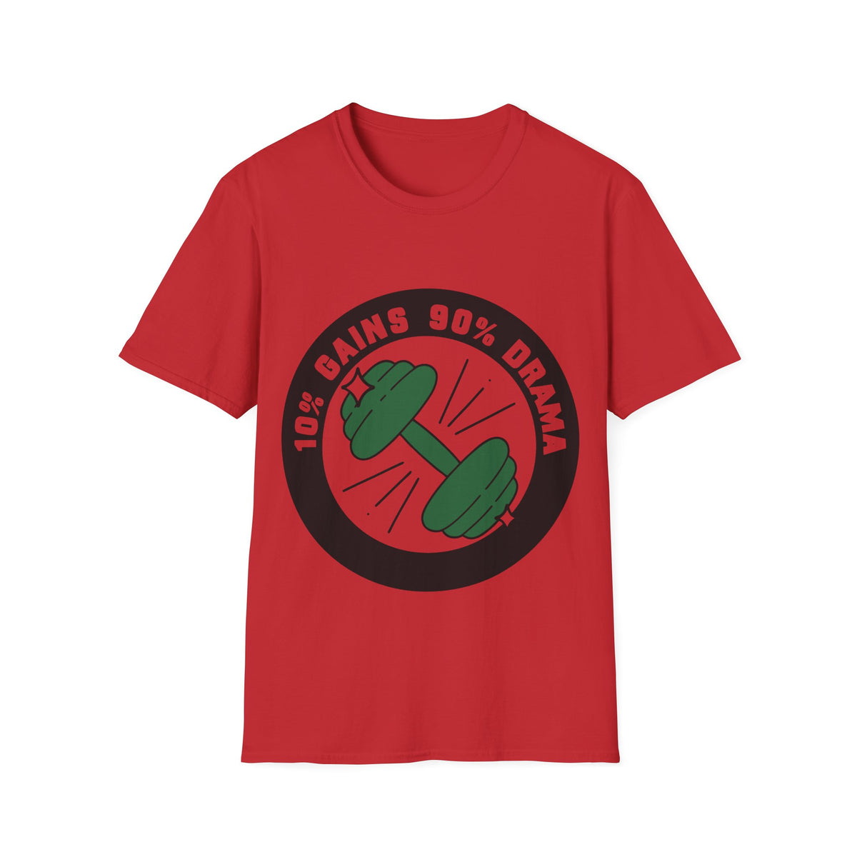 10% Gains 90% Drama Dumbbell T-Shirt - Funny Gym Circle Logo Graphic Tee - Trending Now - September 2026