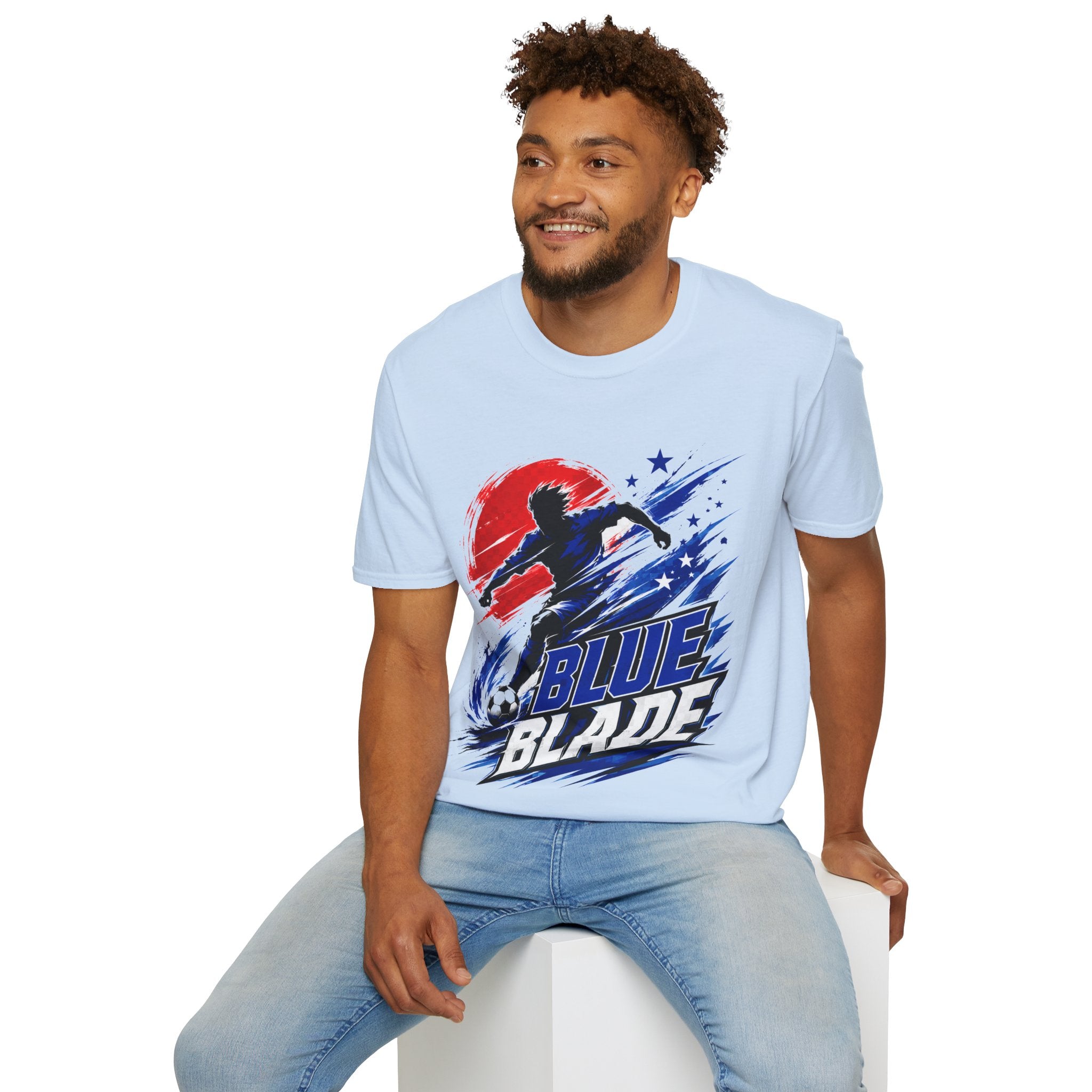 Japan T-Shirt — Blue Blade Soccer Graphic Tee (Red & Blue Starburst)