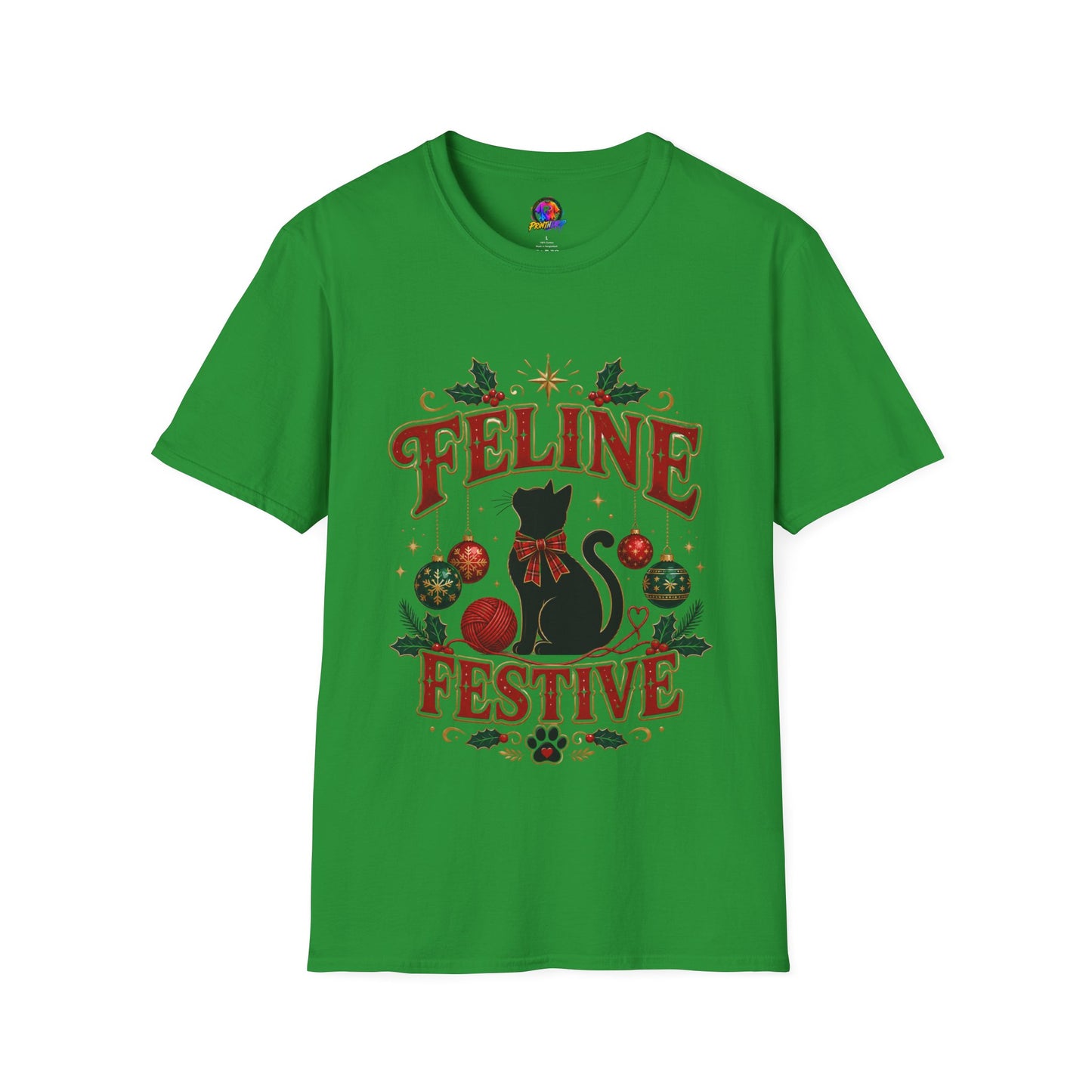 Feline Festive T-Shirt — Cute Black Cat Christmas Holiday Tee
