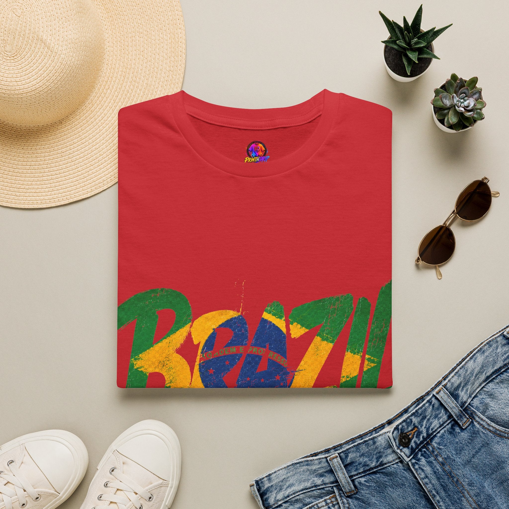 Brazil Flag Graphic T-Shirt — Bold Brazil Script with National Flag Motif
