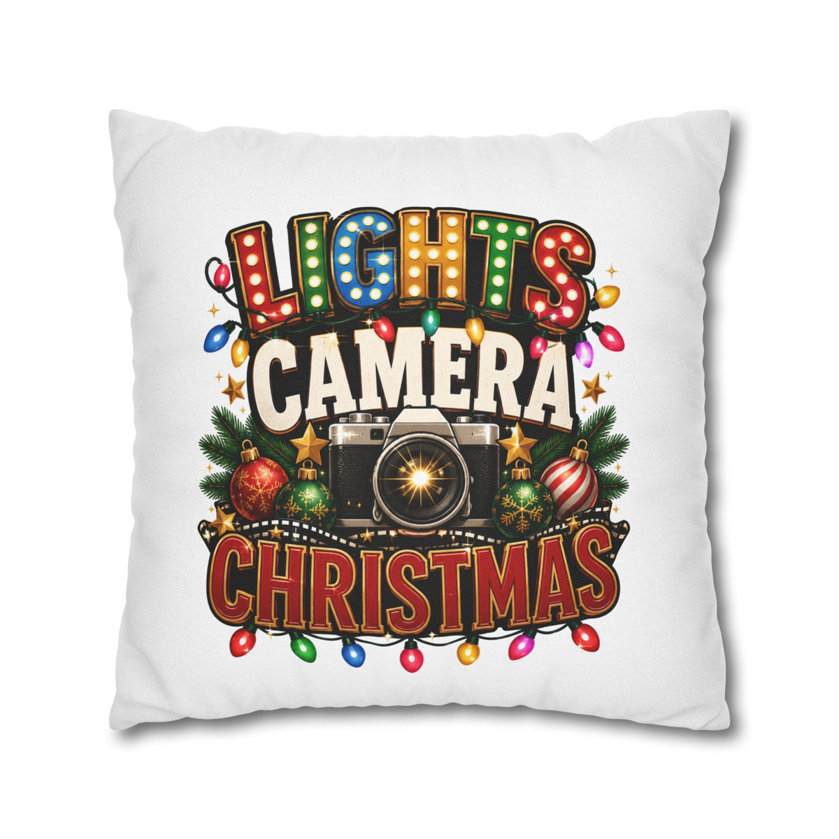 Christmas Photographer Pillowcase – “Lights Camera Christmas” Decorative Throw Pillow