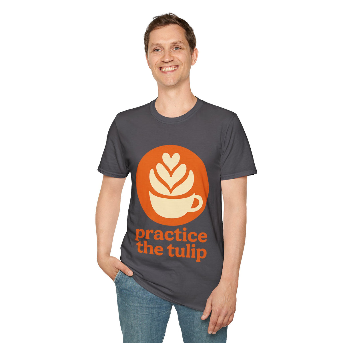 "Practice The Tulip" Latte Art Coffee Graphic Tee - Aesthetic Orange Barista White T-Shirt - Trending Now - September 2026