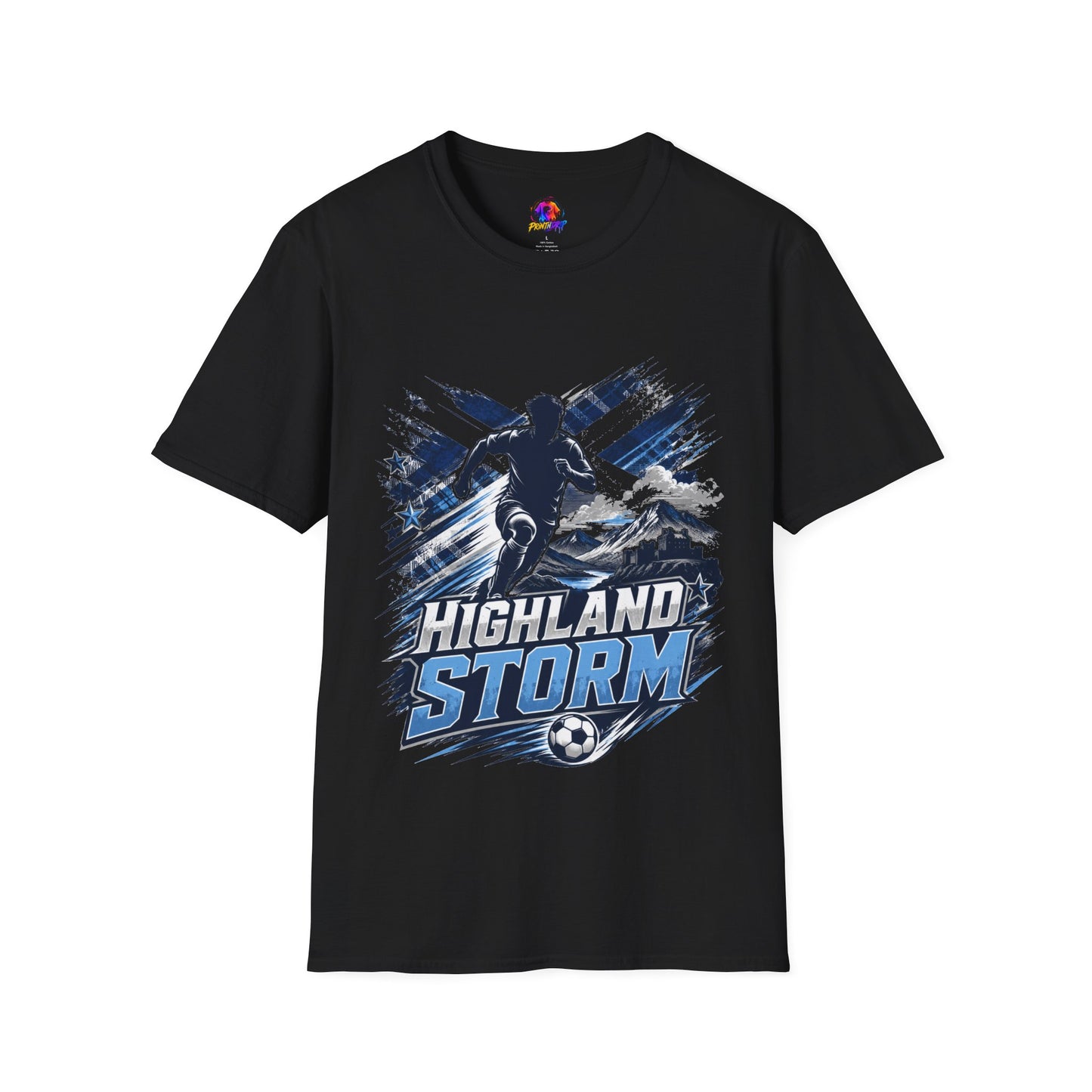 Scotland Highland Storm Soccer T-Shirt — Mountain Soccer Player Graphic Tee
