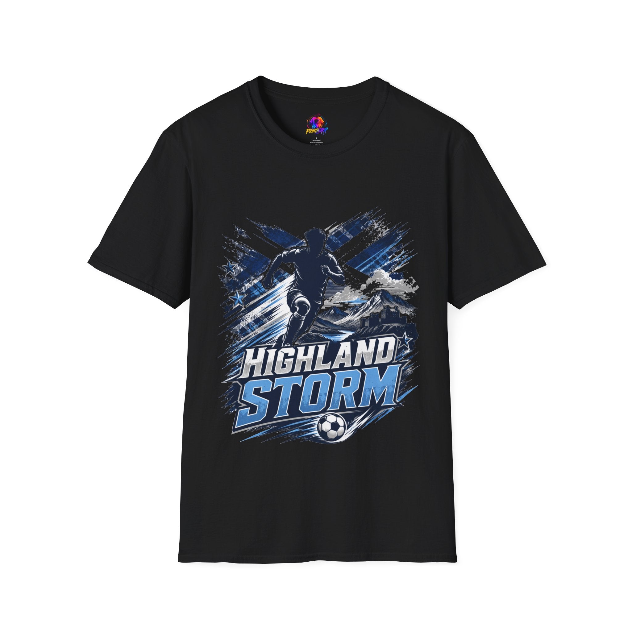Scotland Highland Storm Soccer T-Shirt — Mountain Soccer Player Graphic Tee