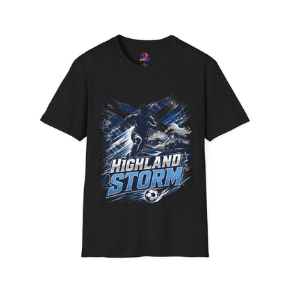 Scotland Highland Storm Soccer T-Shirt — Mountain Soccer Player Graphic Tee