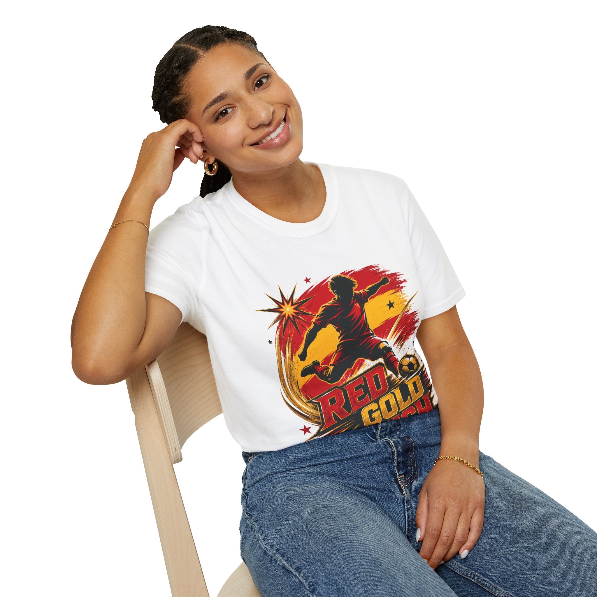 Spain Red & Gold Rush Soccer T-Shirt — Retro Soccer Player Graphic