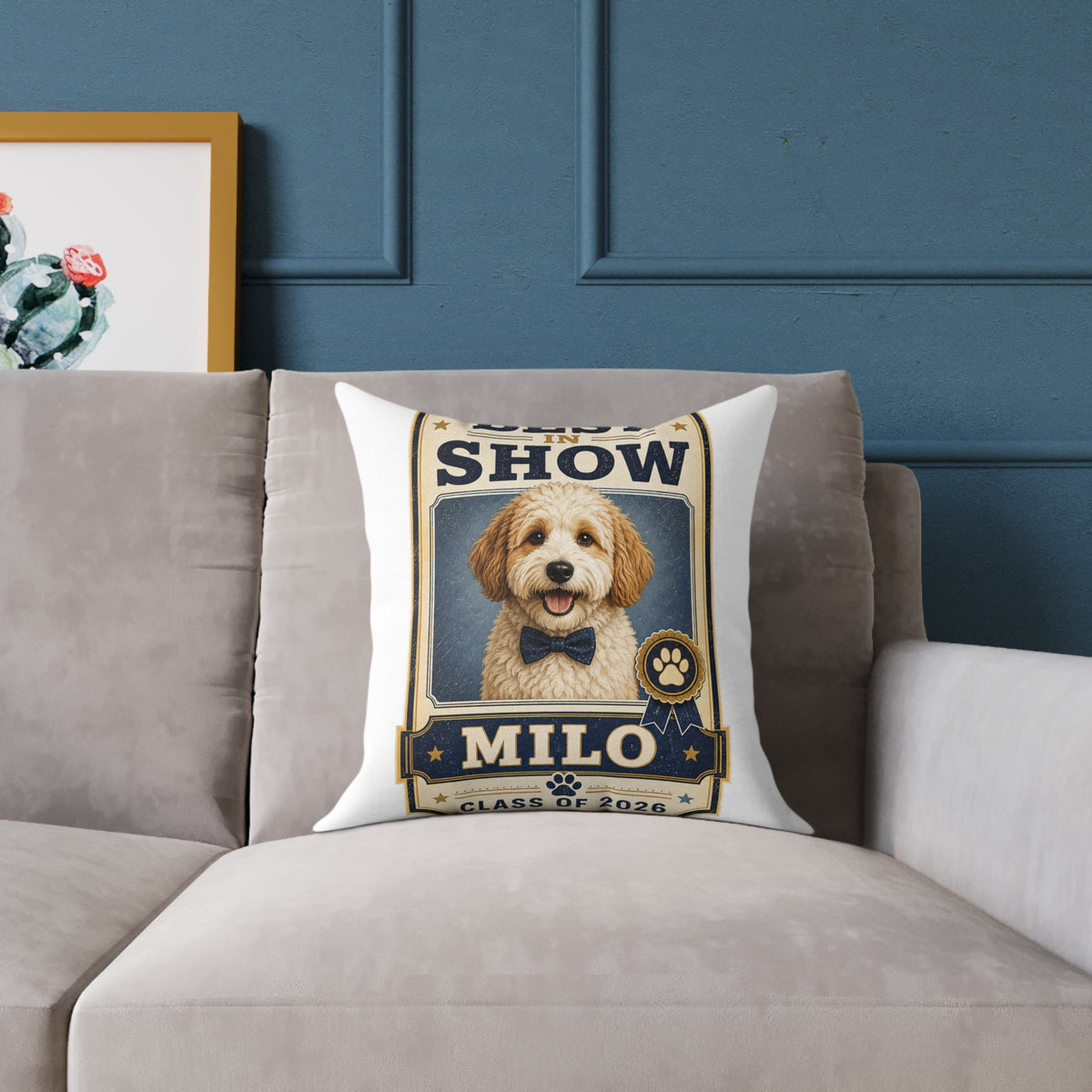 Dog Portrait Pillow -  Milo Bailey Dog Dad Mom "Best in Show" Personalized Milo Square Throw Pillow