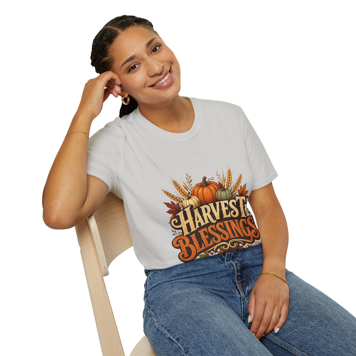 Thanksgiving T-Shirt Harvest Blessings T-Shirt — Fall Pumpkin & Wheat Autumn Tee