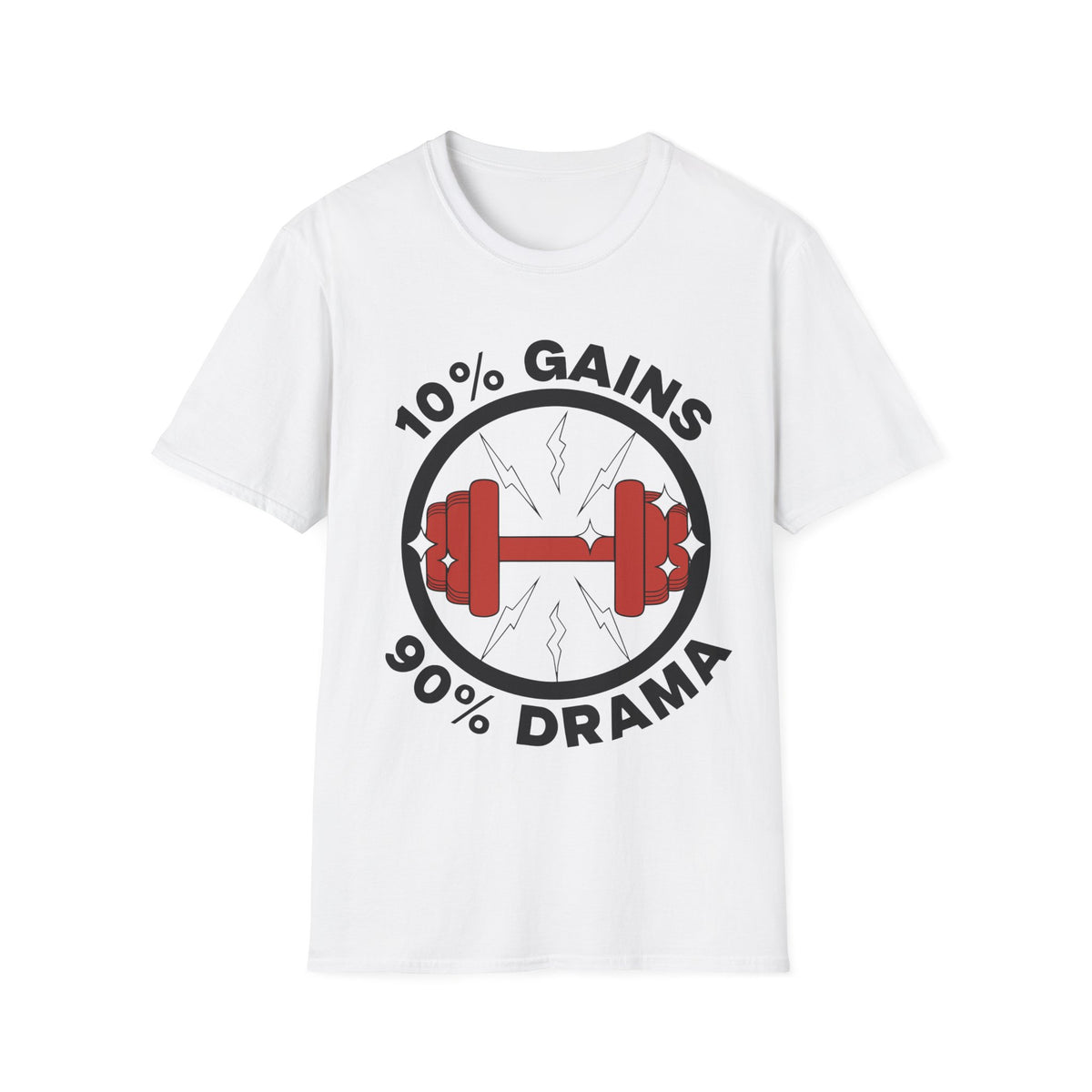 10% Gains 90% Drama Red Barbell T-Shirt - Funny Gym Circle Logo Graphic Tee - Trending Now - September 2026