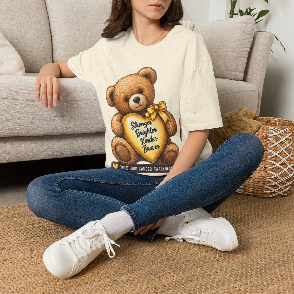 Childhood Cancer Awareness Teddy T-Shirt — "Stronger Brighter Kinder Braver"