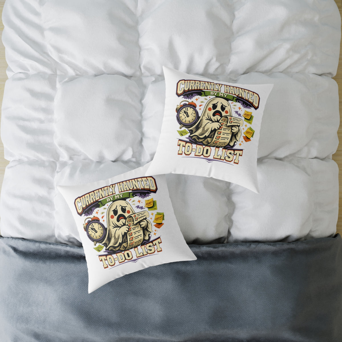 Halloween Square Poly Canvas Pillow — “Currently Haunted by My To-Do List” Halloween Ghost Decorative Throw Pillow