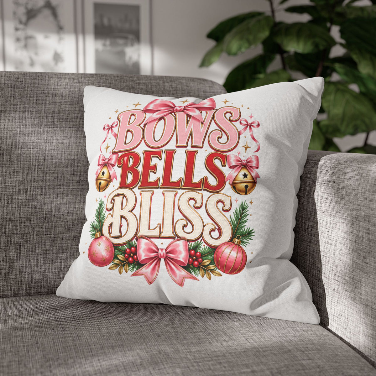 Christmas Bows Bells Bliss Decorative Pillowcase — Pink Christmas Holiday Throw Pillow Cover