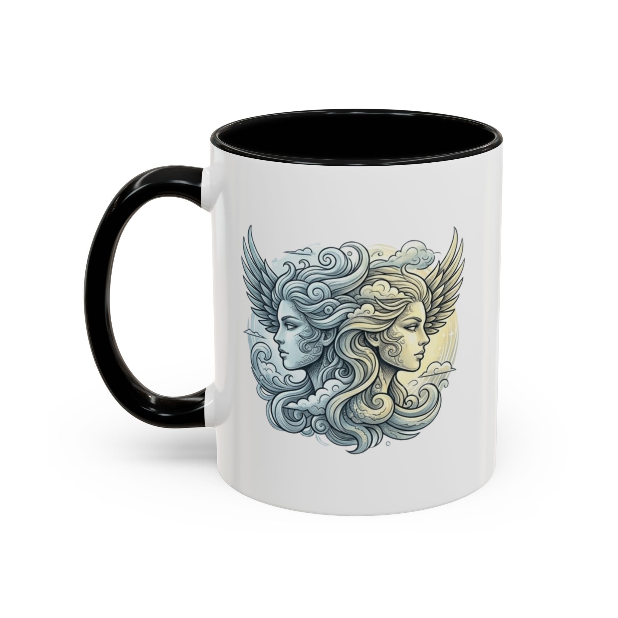 Gemini Twins Accent Coffee Mug — Sun & Moon Winged Faces Illustration