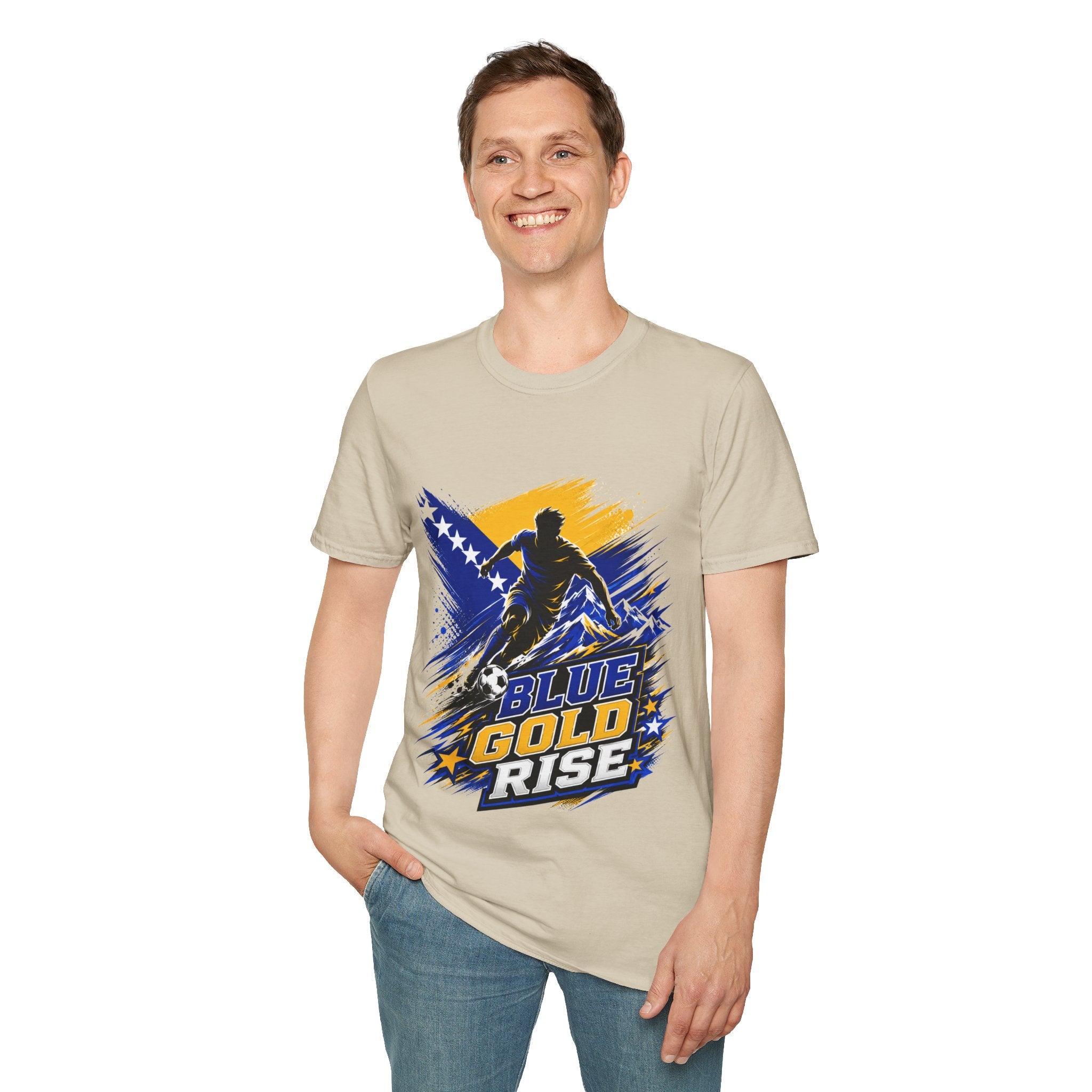 Bosnia Football T‑Shirt - "Blue Gold Rise" Soccer Graphic Tee