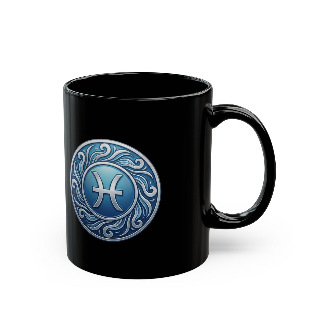 Pisces Zodiac Coffee Mug - Blue Astrology Symbol on Black Ceramic