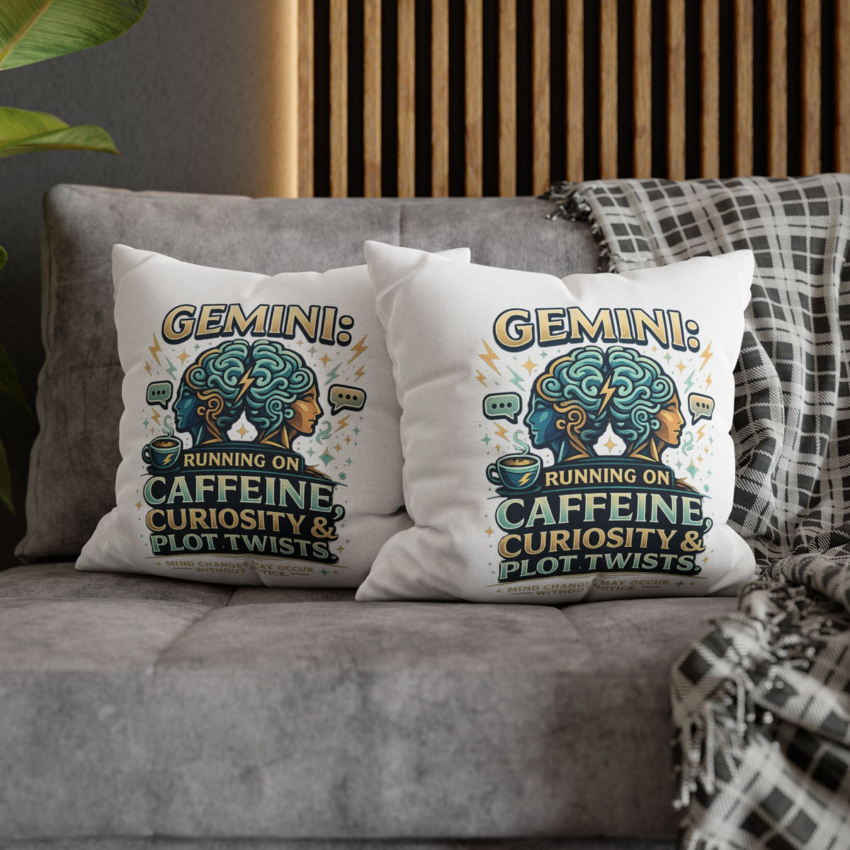 Gemini Decorative Pillow pillowcase — "Running on Caffeine, Curiosity & Plot Twists"