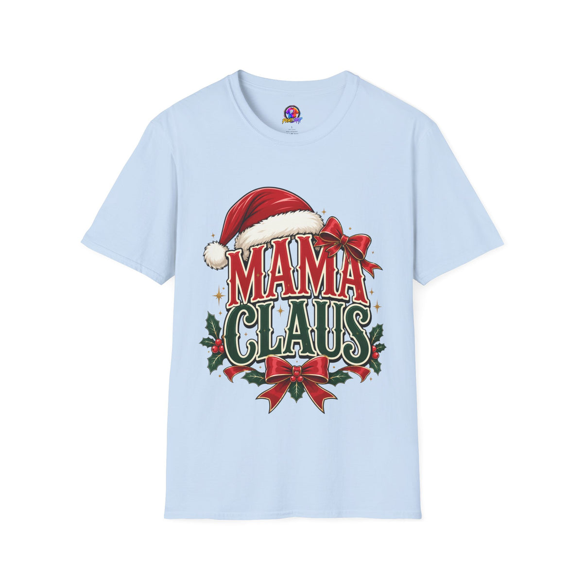 Mama Claus T-Shirt — Festive Christmas Mom Tee with Santa Hat & Bow