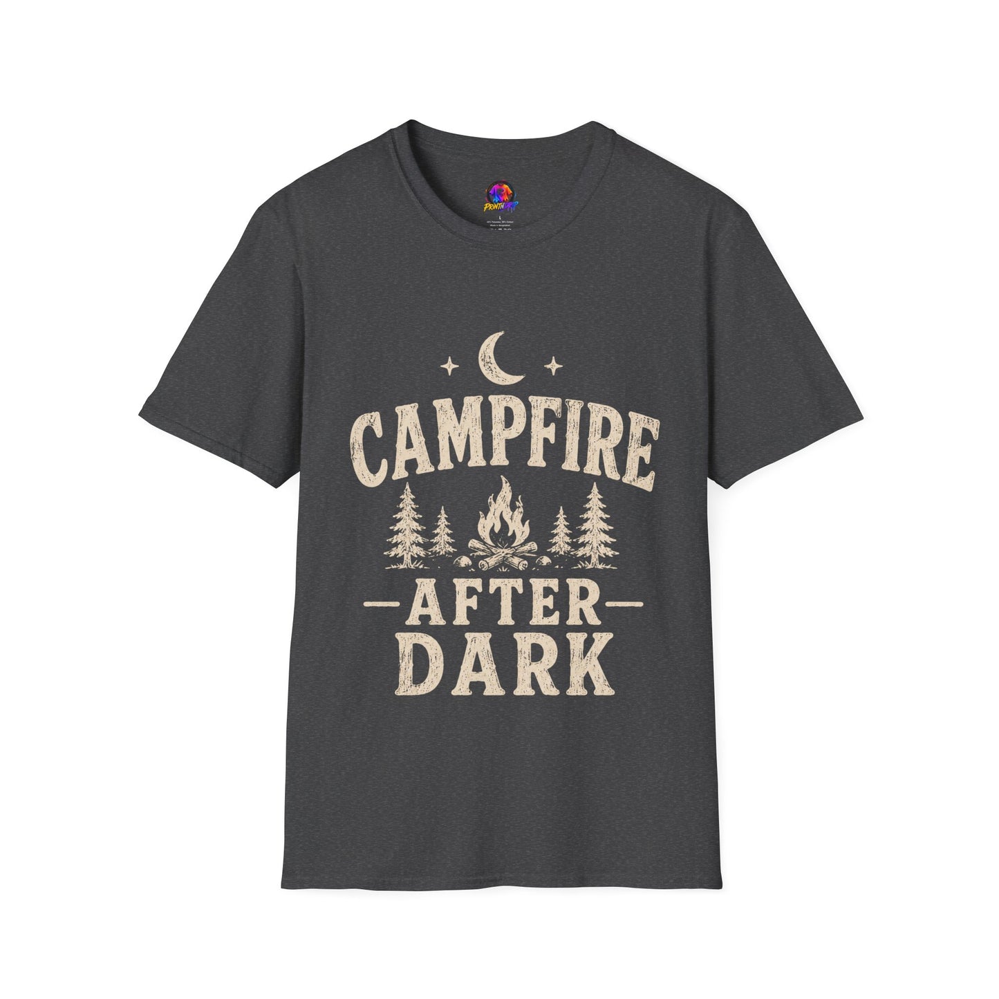 Campfire After Dark T-Shirt — Cozy Camping Moon & Trees Graphic