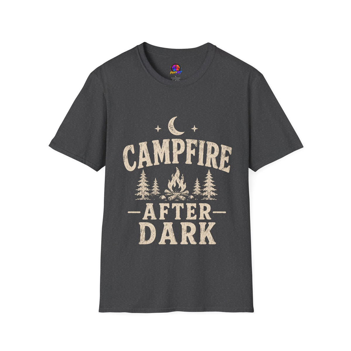 Campfire After Dark T-Shirt — Cozy Camping Moon & Trees Graphic