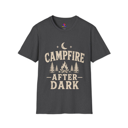 Campfire After Dark T-Shirt — Cozy Camping Moon & Trees Graphic