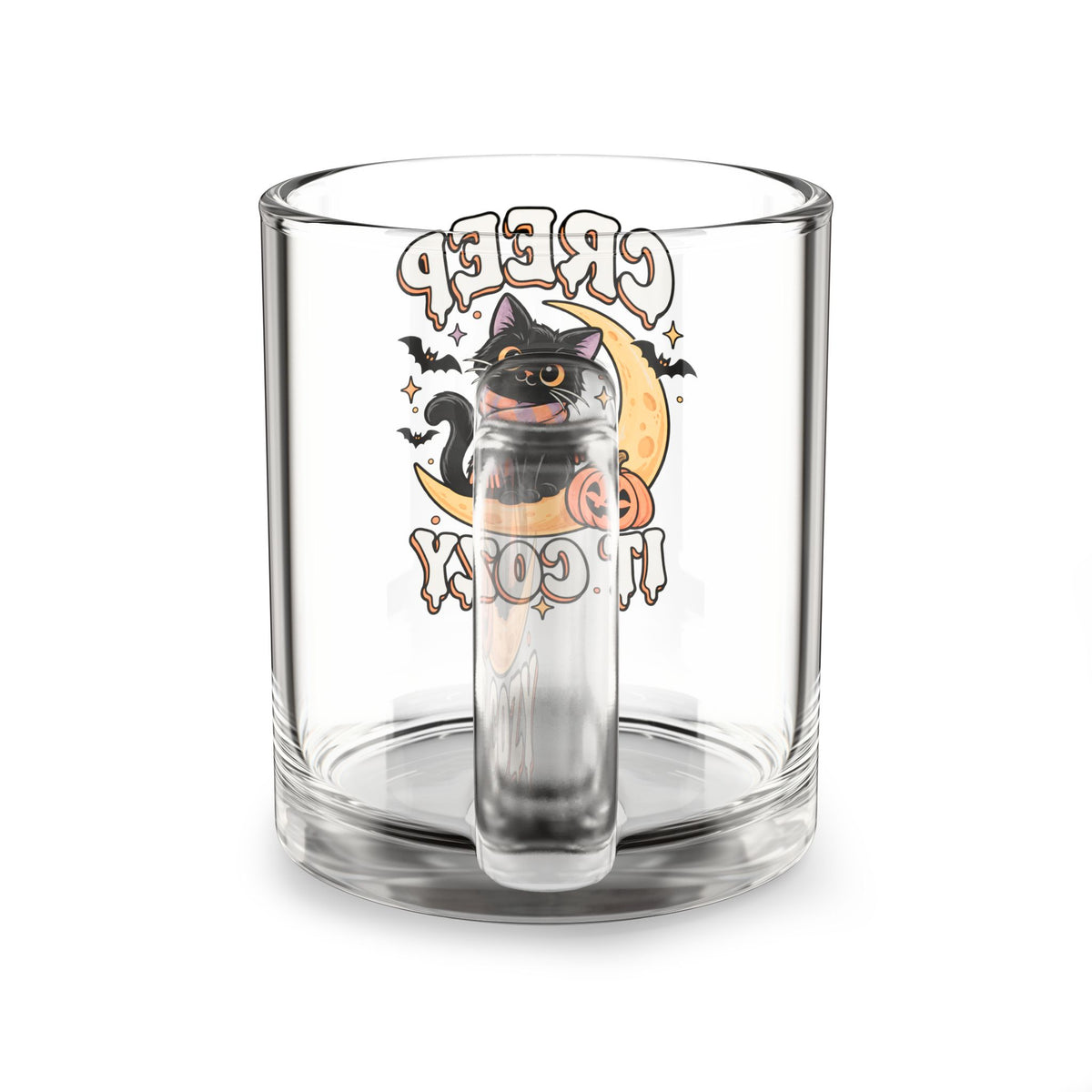 Creep It Cozy Glass Mug — Halloween Black Cat, Pumpkin & Moon 10oz
