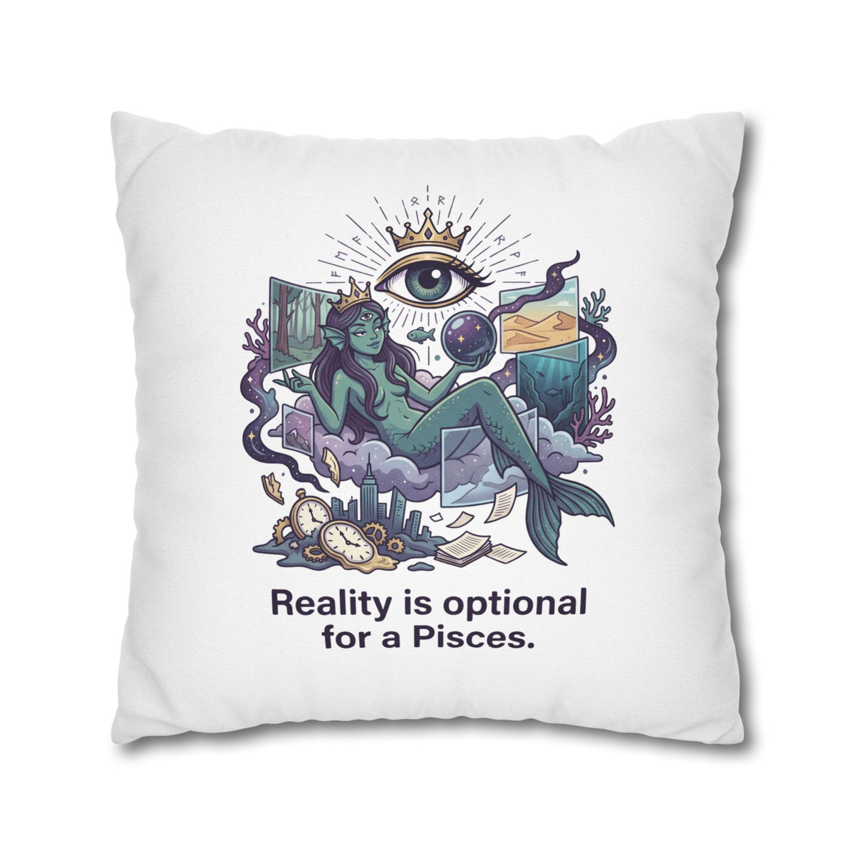 Pisces Mermaid Pillowcase — "Reality Is Optional for a Pisces" Decorative Throw Pillow
